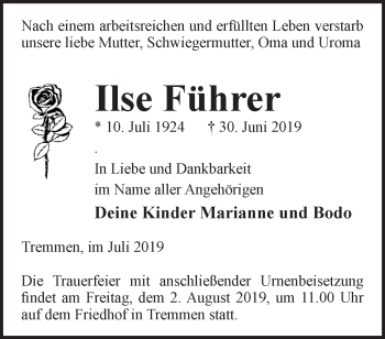 Traueranzeige von Ilse Führer von Märkische Oderzeitung