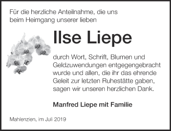 Traueranzeige von Ilse Liepe von Märkische Oderzeitung