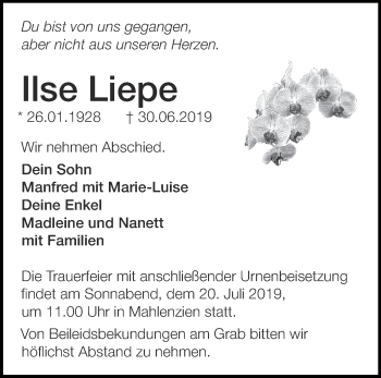 Traueranzeige von Ilse Liepe von Märkische Oderzeitung