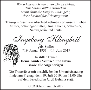 Traueranzeige von Ingeborg Klingbeil von Märkische Oderzeitung