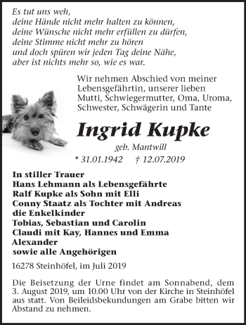 Traueranzeige von Ingrid Kupke von Märkische Oderzeitung