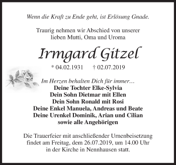 Traueranzeige von Irmgard Gitzel von Märkische Oderzeitung