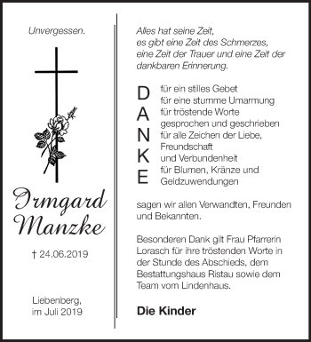 Traueranzeige von Irmgard Manzke von Märkische Oderzeitung