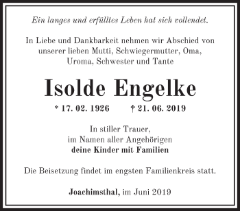 Traueranzeige von Isolde Engelke von Märkische Oderzeitung