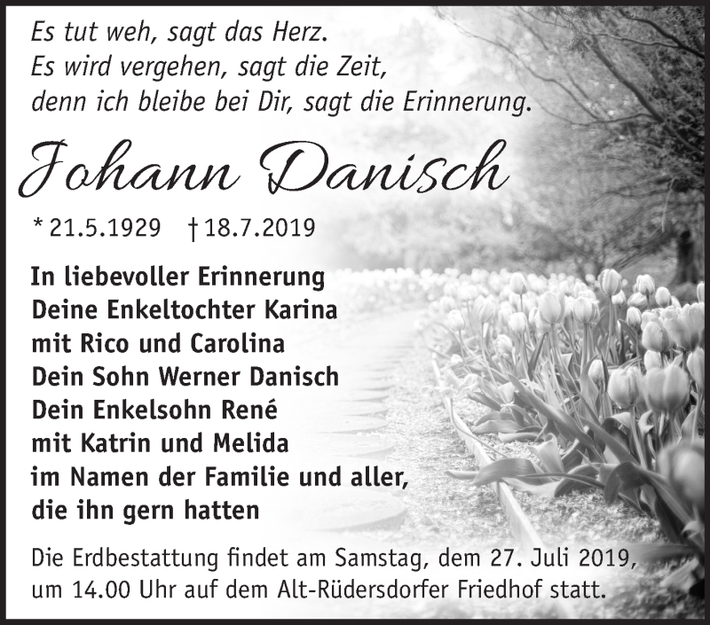  Traueranzeige für Johann Danisch vom 20.07.2019 aus Märkische Oderzeitung