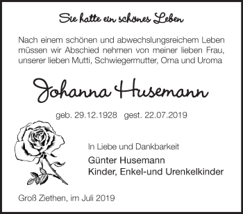 Traueranzeige von Johanna Husemann von Märkische Oderzeitung