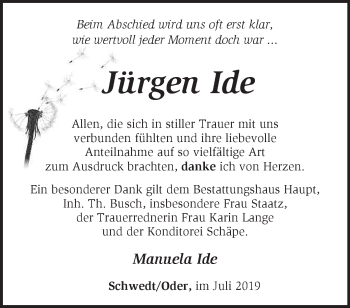 Traueranzeige von Jürgen Ide von Märkische Oderzeitung