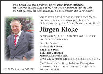 Traueranzeige von Jürgen Kloke von Märkische Oderzeitung