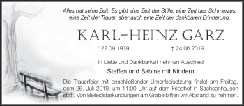 Traueranzeige von Karl-Heinz Garz von Märkische Oderzeitung