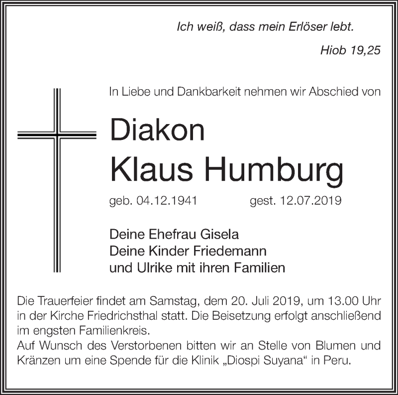  Traueranzeige für Klaus Humburg vom 16.07.2019 aus Märkische Oderzeitung
