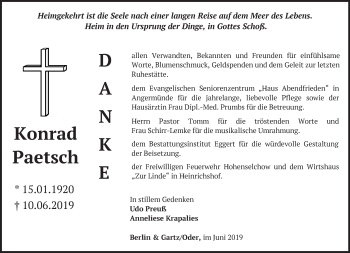 Traueranzeige von Konrad Paetsch von Märkische Oderzeitung