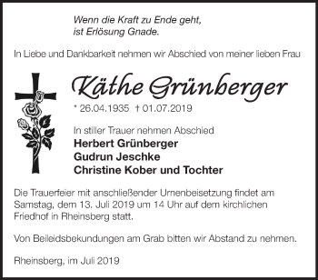 Traueranzeige von Käthe Grünberger von Märkische Oderzeitung