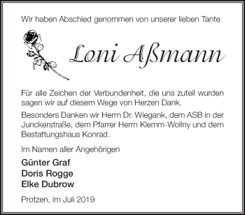 Traueranzeige von Loni Aßmann von Märkische Oderzeitung