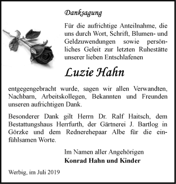 Traueranzeige von Luzie Hahn von Märkische Oderzeitung