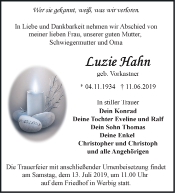 Traueranzeige von Luzie Hahn von Märkische Oderzeitung