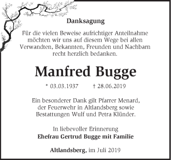 Traueranzeige von Manfred Bugge von Märkische Oderzeitung