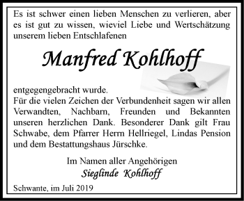 Traueranzeige von Manfred Kohlhoff von Märkische Oderzeitung