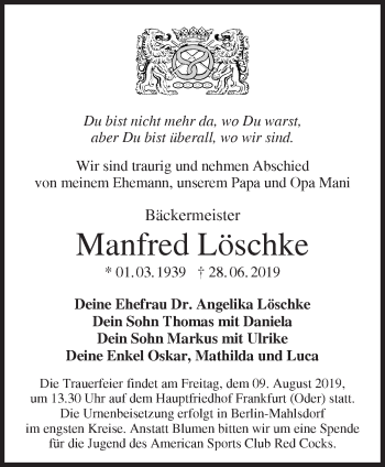 Traueranzeige von Manfred Löschke von Märkische Oderzeitung