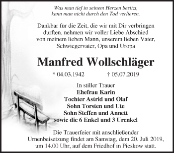 Traueranzeige von Manfred Wollschläger von Märkische Oderzeitung