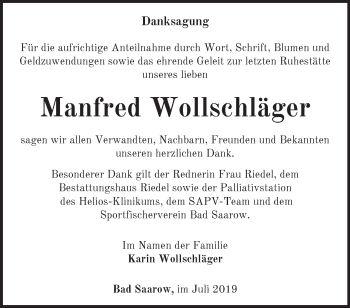 Traueranzeige von Manfred Wollschläger von Märkische Oderzeitung