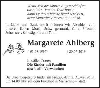 Traueranzeige von Margarete Ahlberg von Märkische Oderzeitung