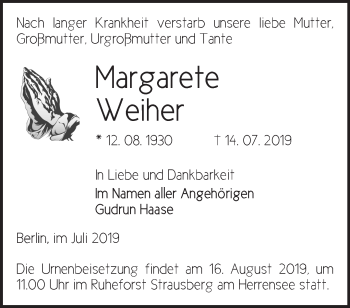 Traueranzeige von Margarete Weiher von Märkische Oderzeitung