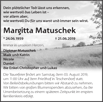 Traueranzeige von Margitta Matuschek von Märkische Oderzeitung