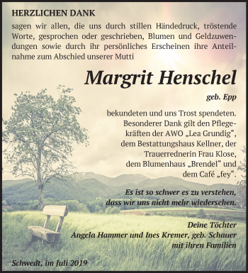 Traueranzeige von Margrit Henschel von Märkische Oderzeitung