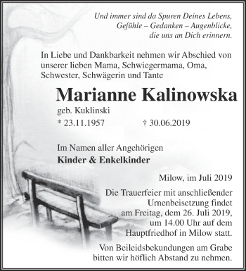 Traueranzeige von Marianne Kalinowska von Märkische Oderzeitung