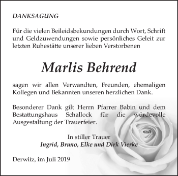 Traueranzeige von Marlis Behrend von Märkische Oderzeitung