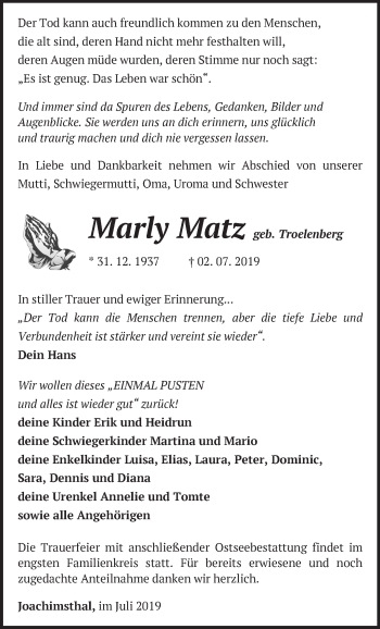 Traueranzeige von Marly Matz von Märkische Oderzeitung