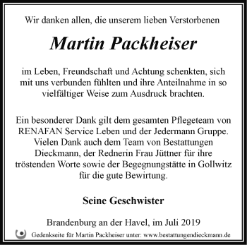 Traueranzeige von Martin Packheiser von Märkische Oderzeitung