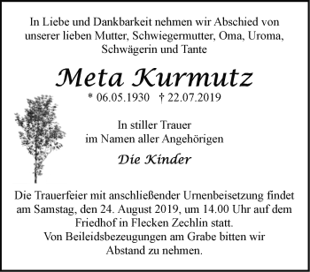 Traueranzeige von Meta Kurmutz von Märkische Oderzeitung