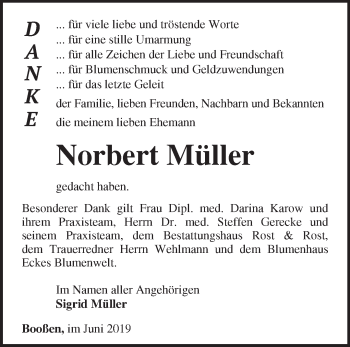 Traueranzeige von Norbert Müller von Märkische Oderzeitung