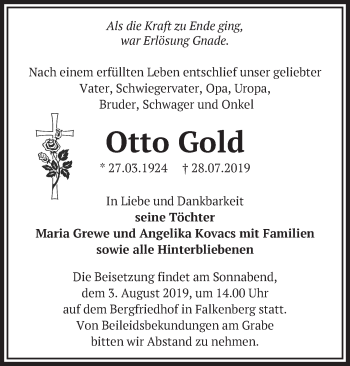 Traueranzeige von Otto Gold von Märkische Oderzeitung