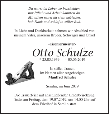 Traueranzeige von Otto Schulze von Märkische Oderzeitung