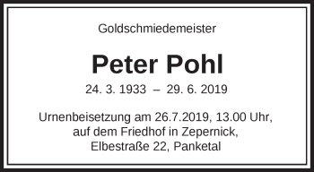 Traueranzeige von Peter Pohl von Märkische Oderzeitung