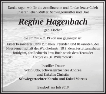 Traueranzeige von Regine Hagenbach von Märkische Oderzeitung