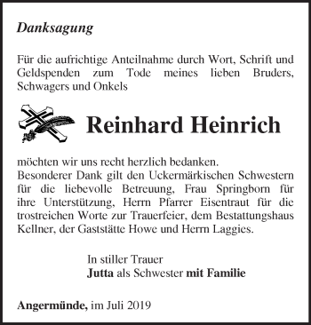 Traueranzeige von Reinhard Heinrich von Märkische Oderzeitung