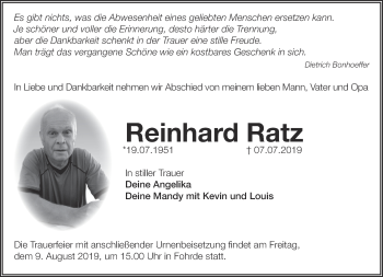 Traueranzeige von Reinhard Ratz von Märkische Oderzeitung