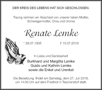 Traueranzeige von Renate Lemke von Märkische Oderzeitung