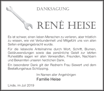 Traueranzeige von Rene Heise von Märkische Oderzeitung