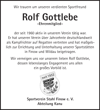 Traueranzeige von Rolf Gottlebe von Märkische Oderzeitung