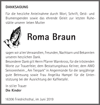 Traueranzeige von Roma Braun von Märkische Oderzeitung