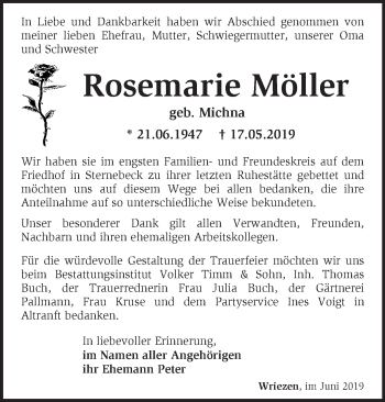 Traueranzeige von Rosemarie Möller von Märkische Oderzeitung