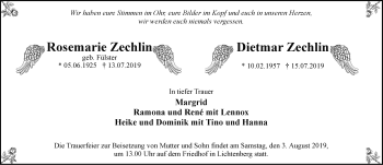 Traueranzeige von Rosemarie und Dietmar Zechlin von Märkische Oderzeitung