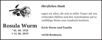 Traueranzeige von Rosula Wurm von Märkische Oderzeitung