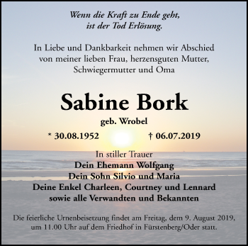 Traueranzeige von Sabine Bork von Märkische Oderzeitung