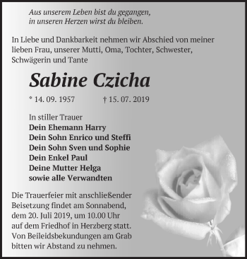 Traueranzeige von Sabine Czicha von Märkische Oderzeitung