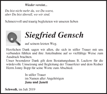 Traueranzeige von Siegfried Gensch von Märkische Oderzeitung